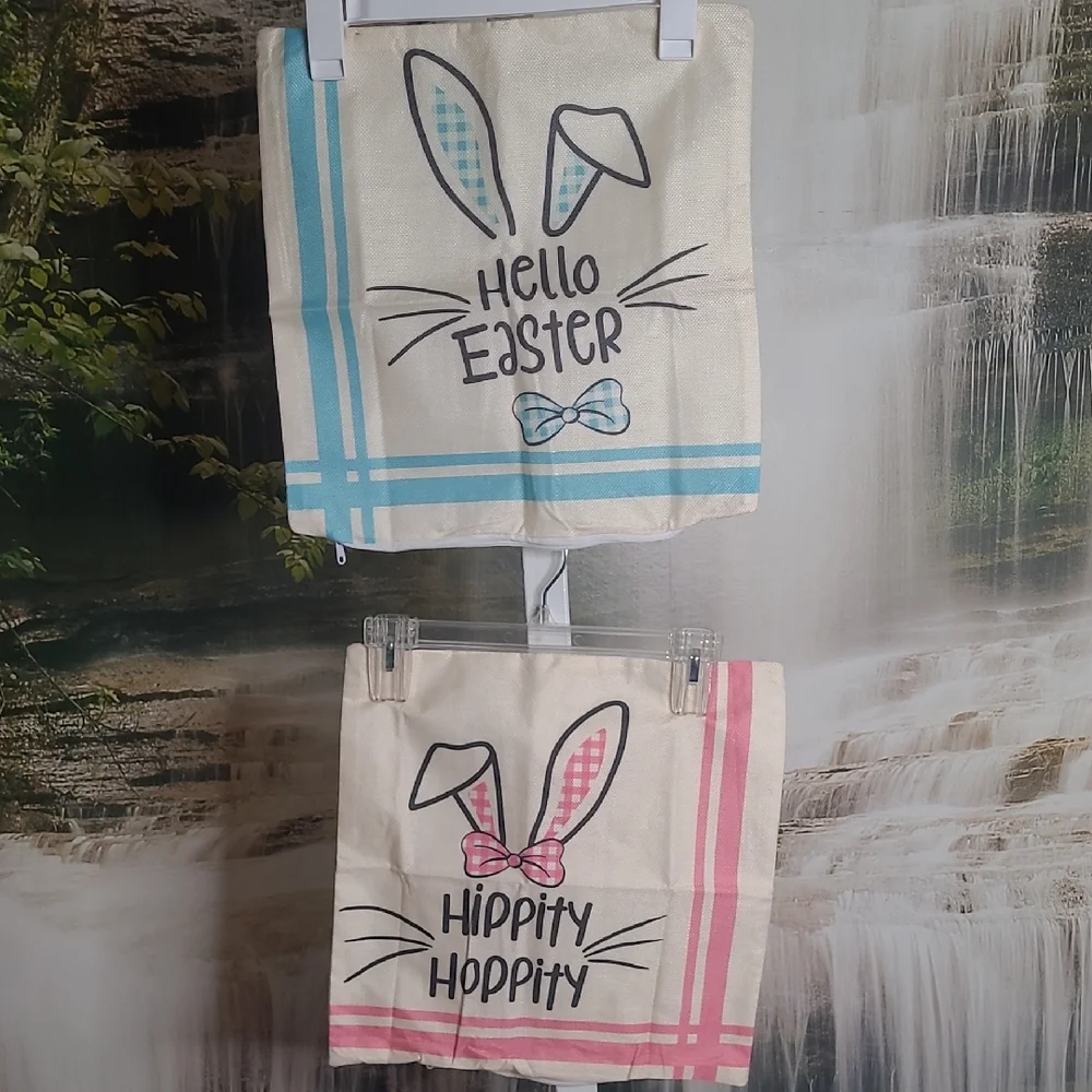 New! Set of 2 Pink Blue Striped Easter Bunny Decorative Soft Burlap Pillow Cover